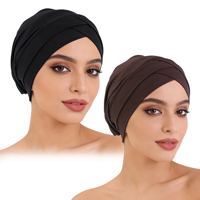 2PCS/LOT Gorro turbante de color liso para mujer, gorro transpirable para quimioterapia, gorro tipo bonet, gorro indio, gorro musulmán tipo hiyab cruzado