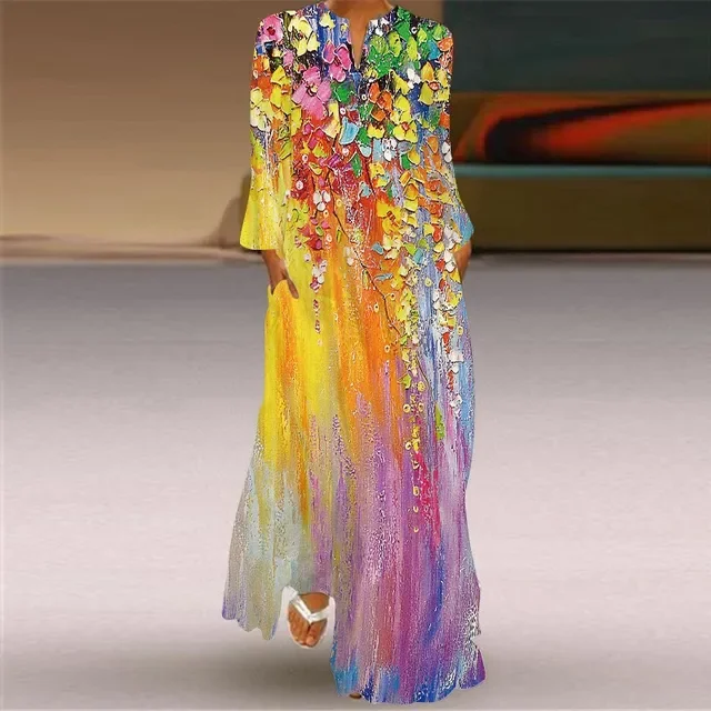 Rainbow Gradient Print Women Dress 2025 New Spring Long Sleeve V-neck Casual Long Dress Woman Elegant Autumn Maxi Dress Big Size