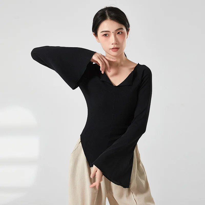 

Танцевальный костюм Jixun, рубашка с воротником и одним словом, тонкая и тонкая однотонная рубашка для классических танцев с длинными рукавами, весна и лето