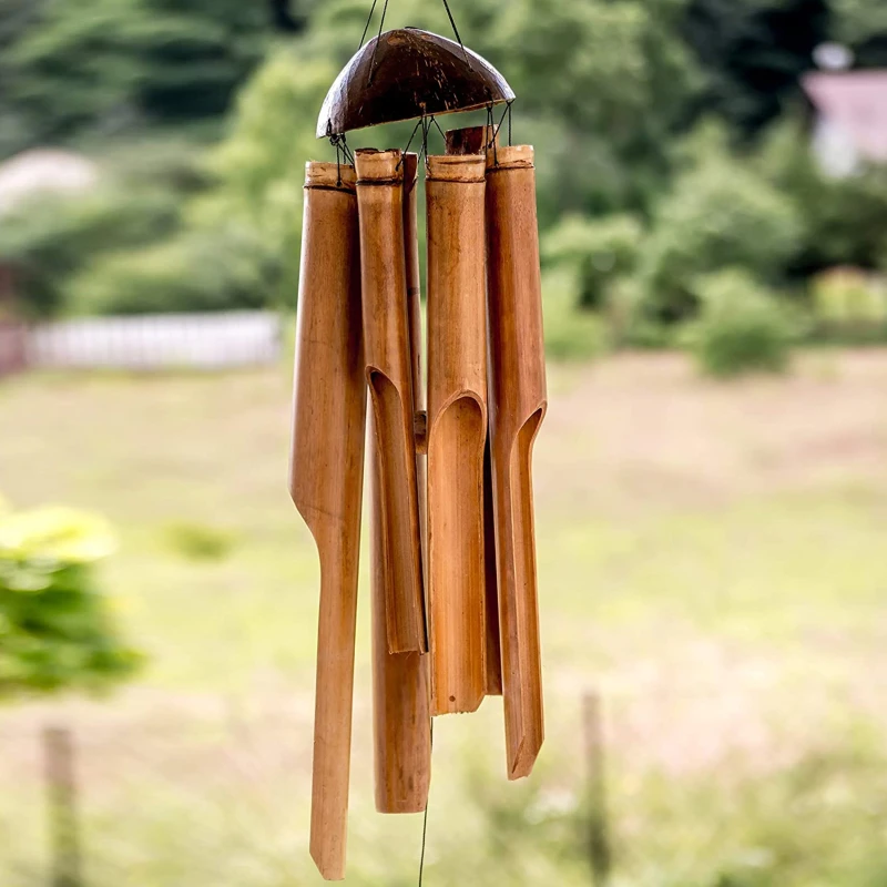 1pc Bamboo Wind Chime Light Color Five Tube Natural Coconut Shell Wood Garden & Home Hanging Door Decoration Handmade Craft Gift