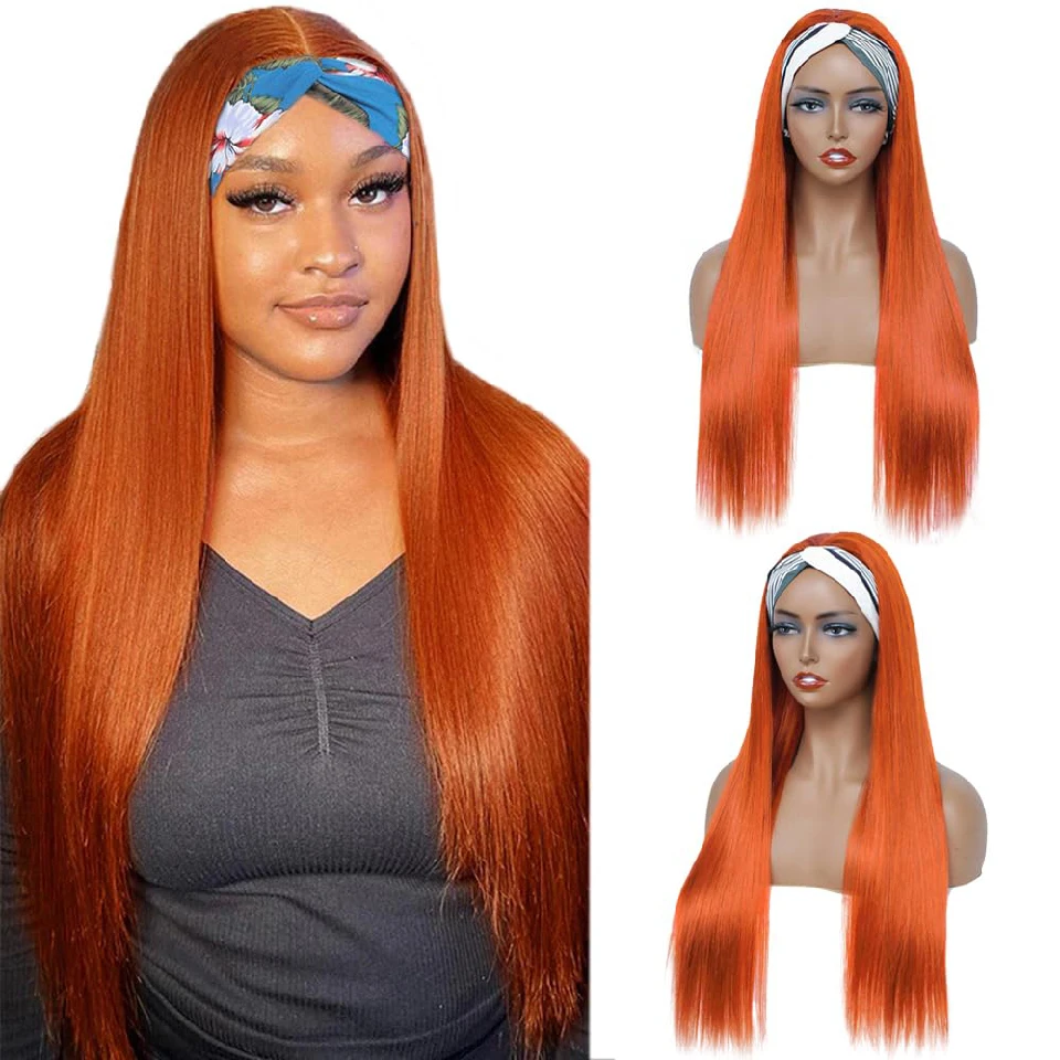 Orange Ginger Headband Wigs Bone Straight Human Hair Wigs For Women Brazilian Remy Hair Colored Brazilian Scarf Wig On Sale 180%