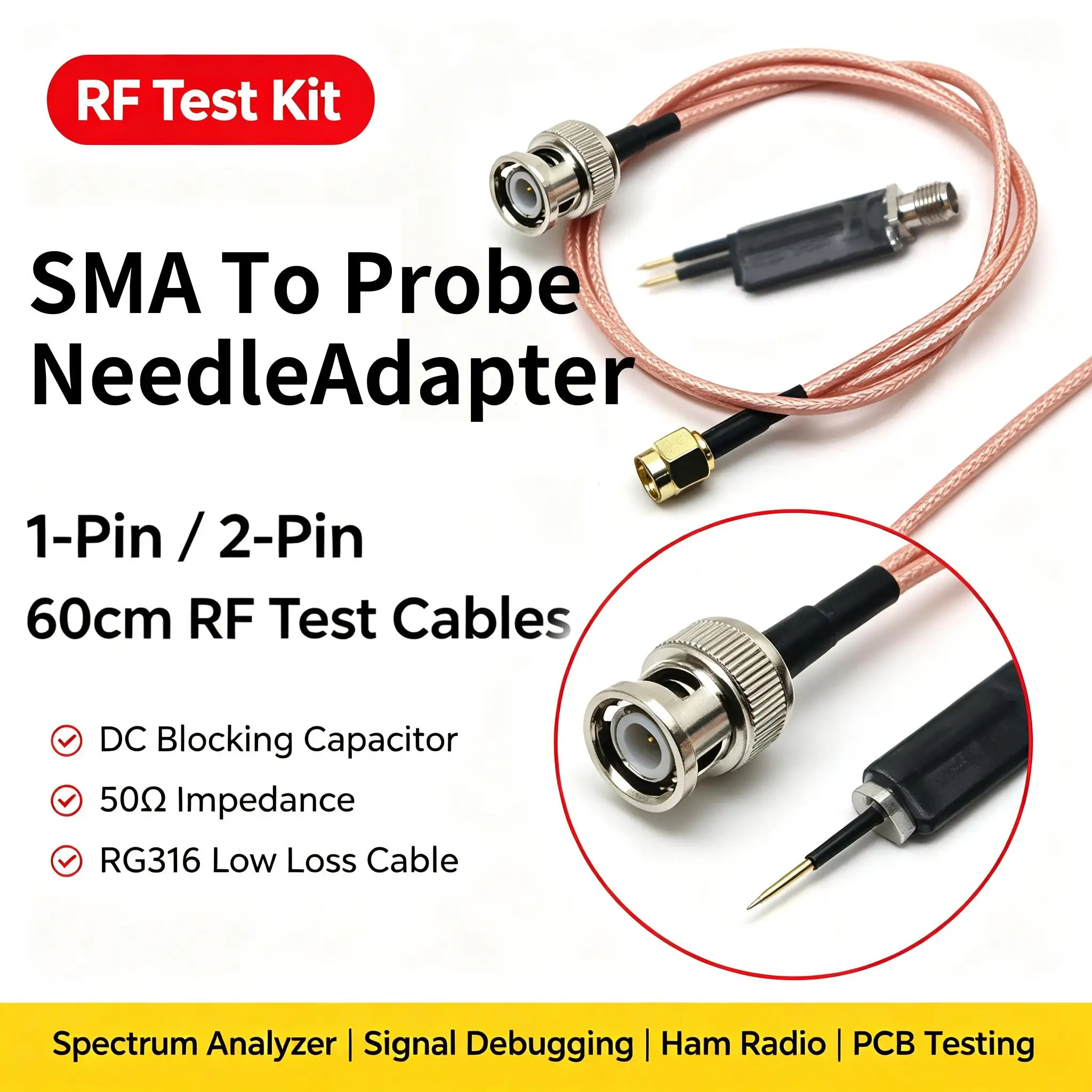DYKB Single-Pin Dual-Pin SMA Probe Adapter 60cm RG316 SMA-SMA BNC-SMA Cable DC-Blocking Spectrum Analyzer Signal Debugging Test