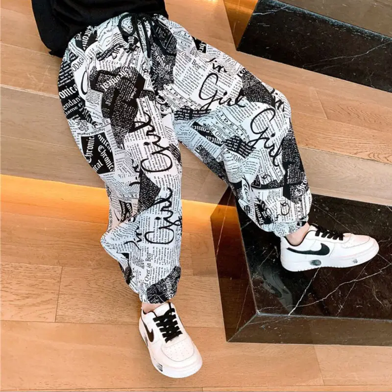 New Summer Child Clothes Girls Sweatpants Child Baby Letter Printed Bloomers Loose Ice Silk Trousers Pencil Pants 13 years