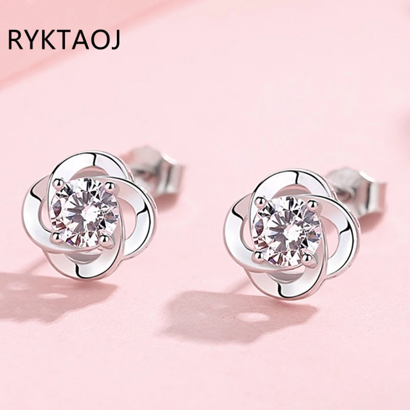 925 Sterling Silver Stud Earrings for Women Rotating Flower Cubic Zirconia Earring Wedding Party Fashion Jewelry Gift