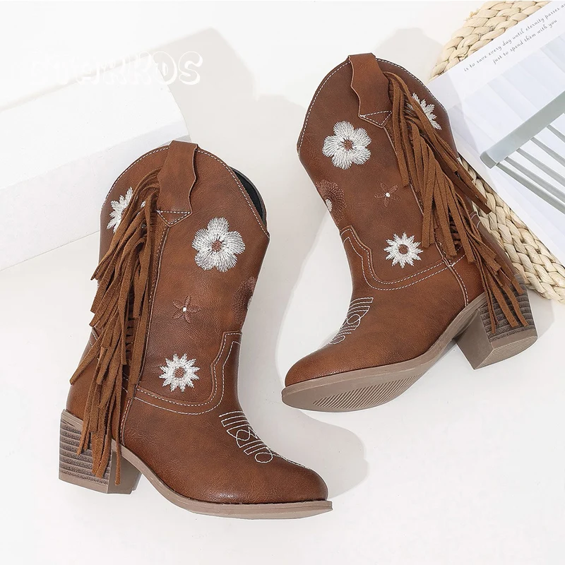 Floral ocidental joelho botas altas meninas qualidade premium deslizamento-on franja cowboy botas longas crianças outono salto alto ponto dedo do pé