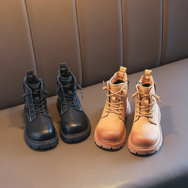 Kids Vintage Ankle Boots Simple Round-to PU Leather Boots for Toddlers Boys Girls Causal Zipper Outdoor Children Fashion Boots
