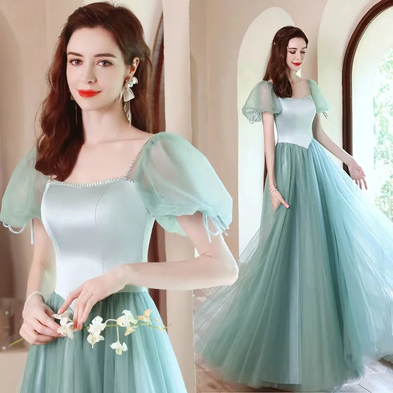 

Romantic Green Evening Dress For Women Square Collar Pleated A-Line Elegant Puff Sleeve Slim Floor-Length Tulle Party Prom Gowns