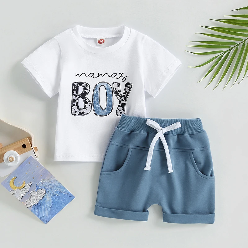 

2pcs Toddler Baby Boys Clothes Set Short Sleeve Cartoon Letter Print T-shirt Elastic Drawstring Waist Pants Summer Casual Outfit