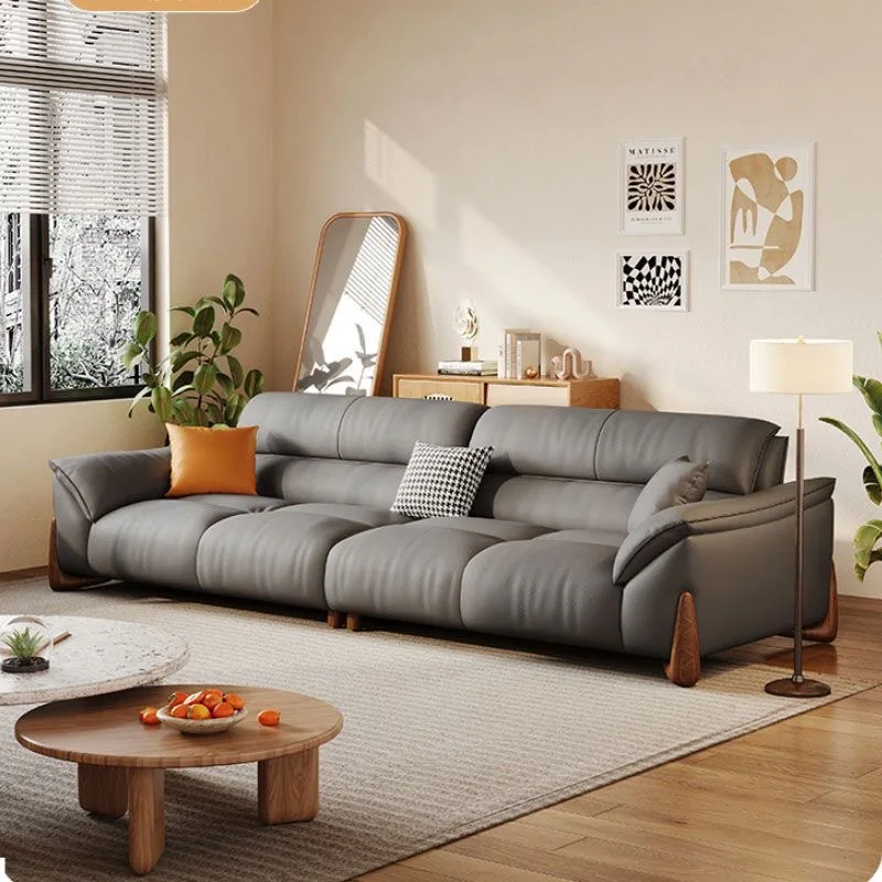 Italian cat scratching leather sofa living room size simple modern cream wind straight row three-person leather sofa