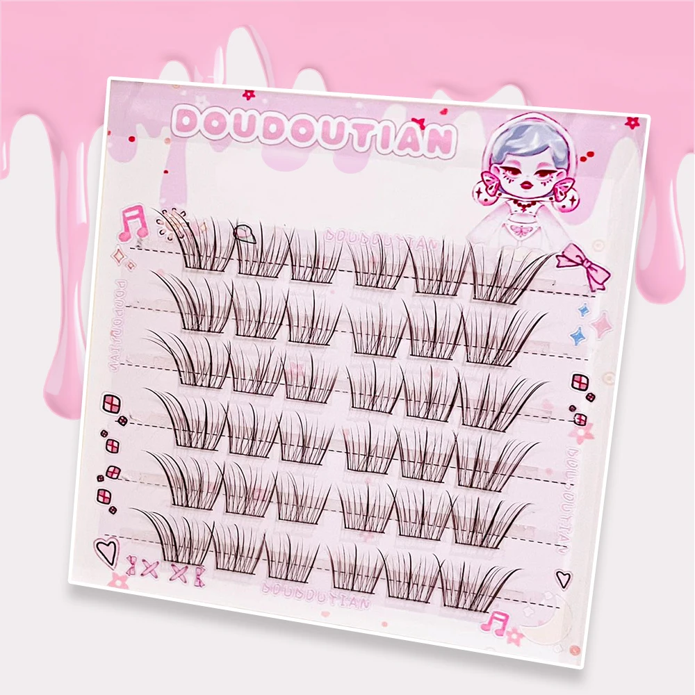Doudoutian Light Makeup Eyelashes 36 DIY Fan-Shaped Clusters in Coffee and Dark Brown Tones, Creating a Soft, Natural Look.