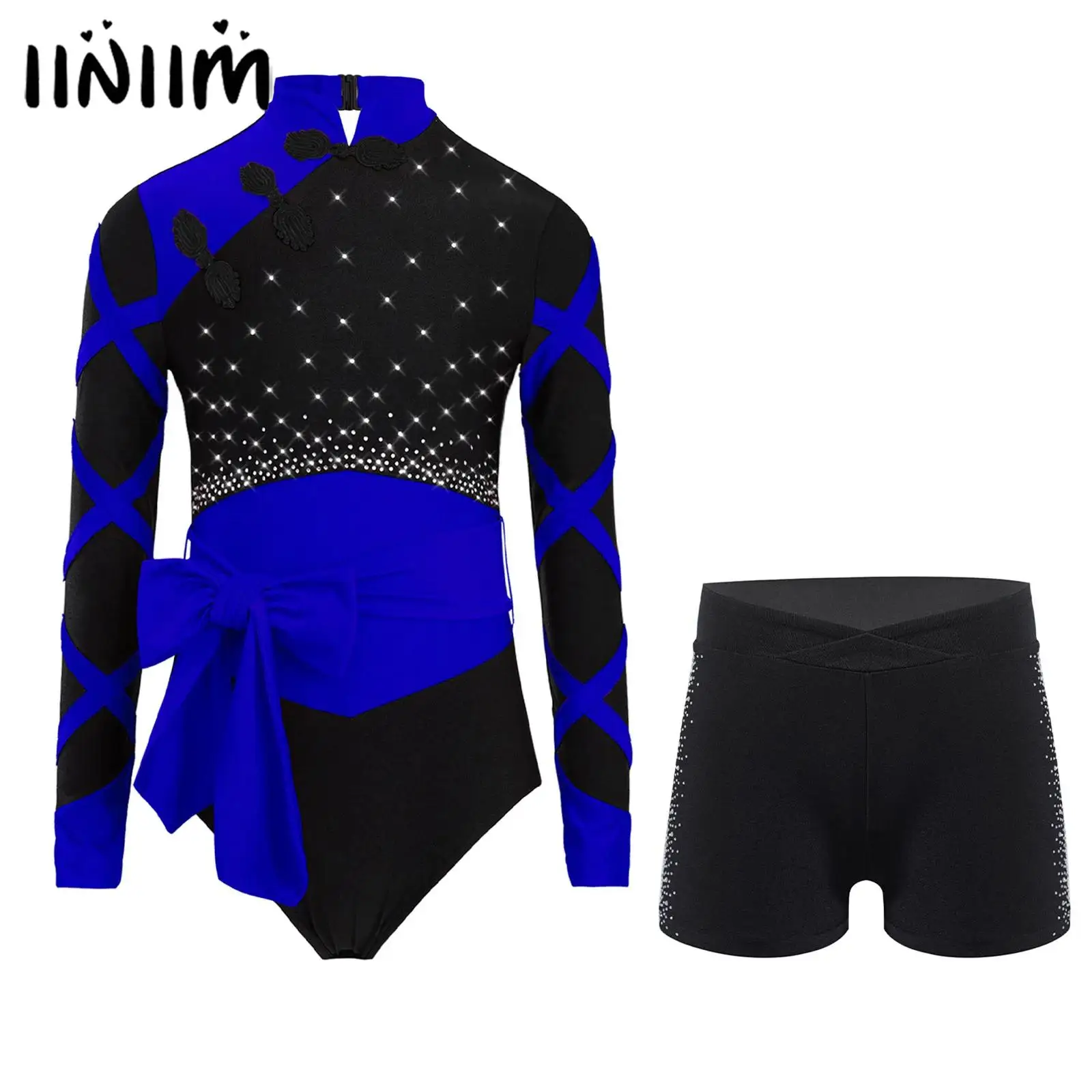 

Kids Girls Chinese Style Rhinestones Leotard Shorts with Belt Gymnastics Figure Skating Ballet Dance Outfit Performance Costume