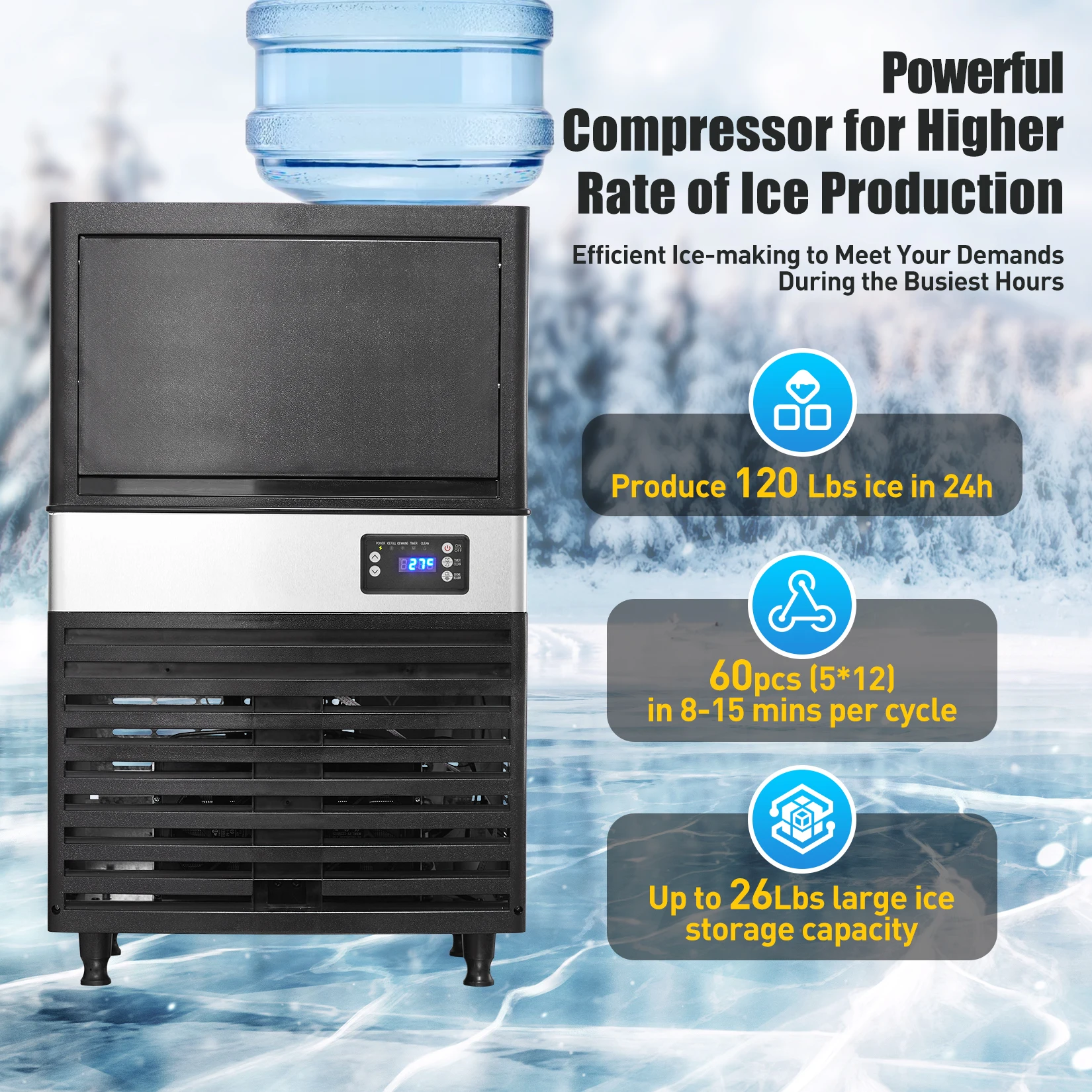 Máquina comercial Ice Maker, Clear Ice Cubes, pronto em 11-20Mins, 2 modos de entrada de água, 26lbs Storage Bin, 60pcs, 120Lbs/24H