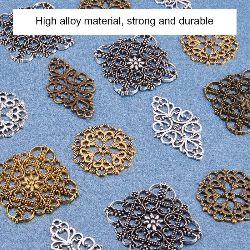 40pcs Filigree Connectors 3 Color Rhombus Flower Charms Hollow Pendants Metal Filigree Embellishments for DIY Hairpin