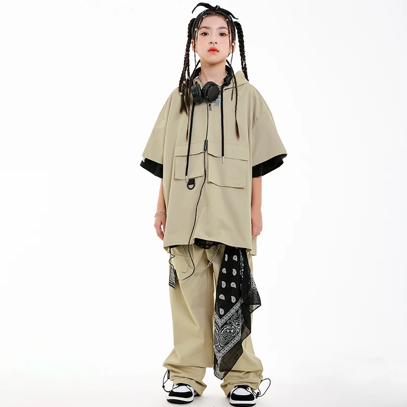 Khaki Children's Hip Hop Dance Costumes For Kids Loose Kpop Outfits Girls Boys Group Jazz Performance Stage Clothes Wear DN20408