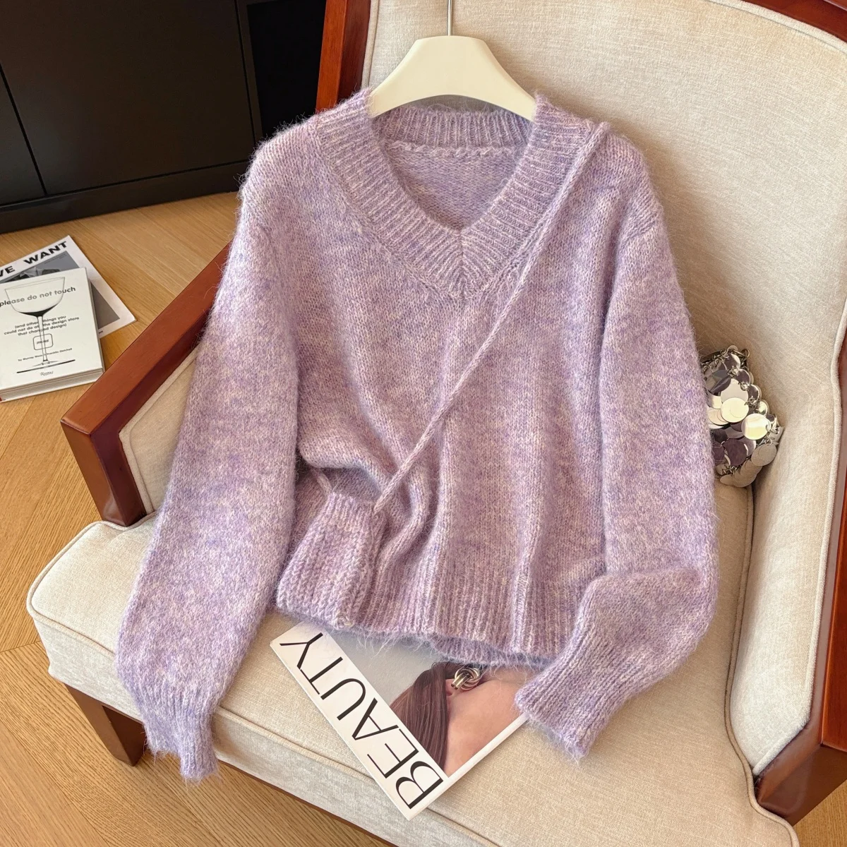 

Women's Purple V-Neck Pullover Sweater Y2k Vintage 2000s Elegant Korean Style Jumper Knit Long Sleeves Cashmere Sweater Winter