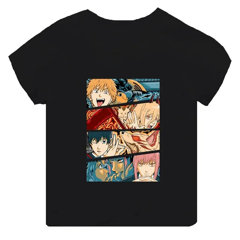 Anime chainsaw boy print cartoon children's cotton T-shirt girl clothing boy baby black short sleeved T-shirt children's top