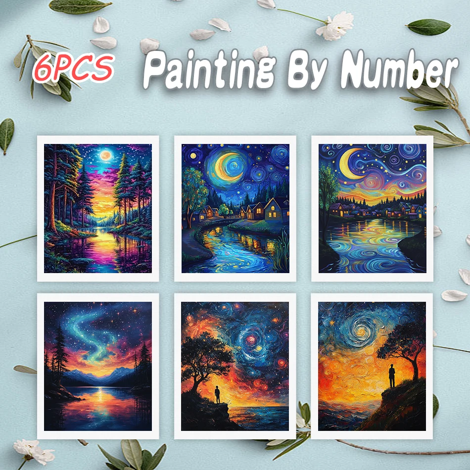 

6pcs Painting By Numbers Night Starry Sky HandPainted Art For Living Room Picture Drawing Coloring Art Supplies By Number Kits