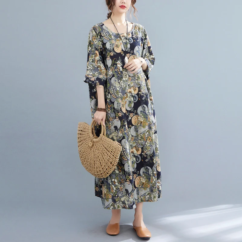 Rok A-Line Panjang Model Batwing Berbahan Katun Linen Motif Cetak untuk Wanita Ukuran Plus, Nyaman dan Bernapas untuk Musim Panas...