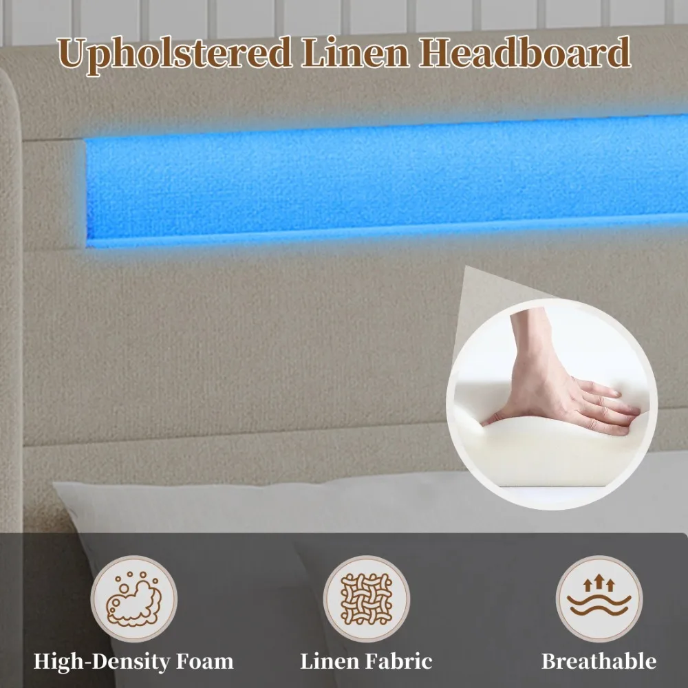 Full Bed Frame with USB Port and LED Light, Modern Platform Bed Frame No Box Spring Needed with Linen Upholstered Headboard