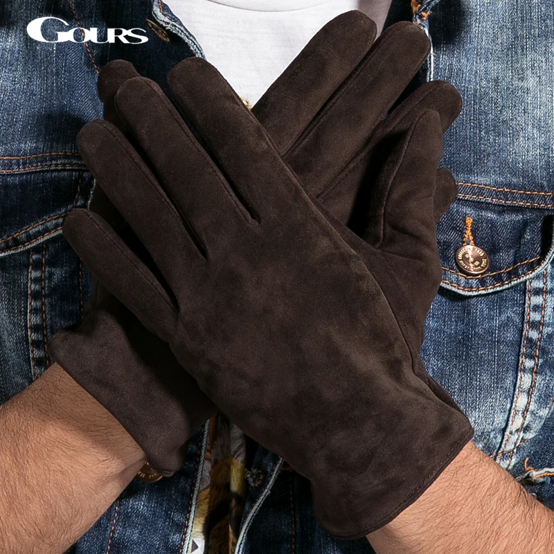 GOURS Real Leather Gloves for Men Brown Genuine Suede Goatskin Touch Screen Gloves Fleece Lining Soft Winter Warm Mittens GSM023