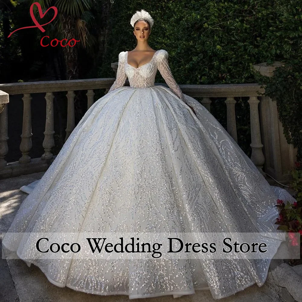 Suknie ślubne na zamówienie, luksusowe, balowe, królewskie, błyszczące, dla kobiet, z dekoltem w serduszko, długim rękawem, koronkowe, cekinowe, błyszczące suknie dla panny młodej.