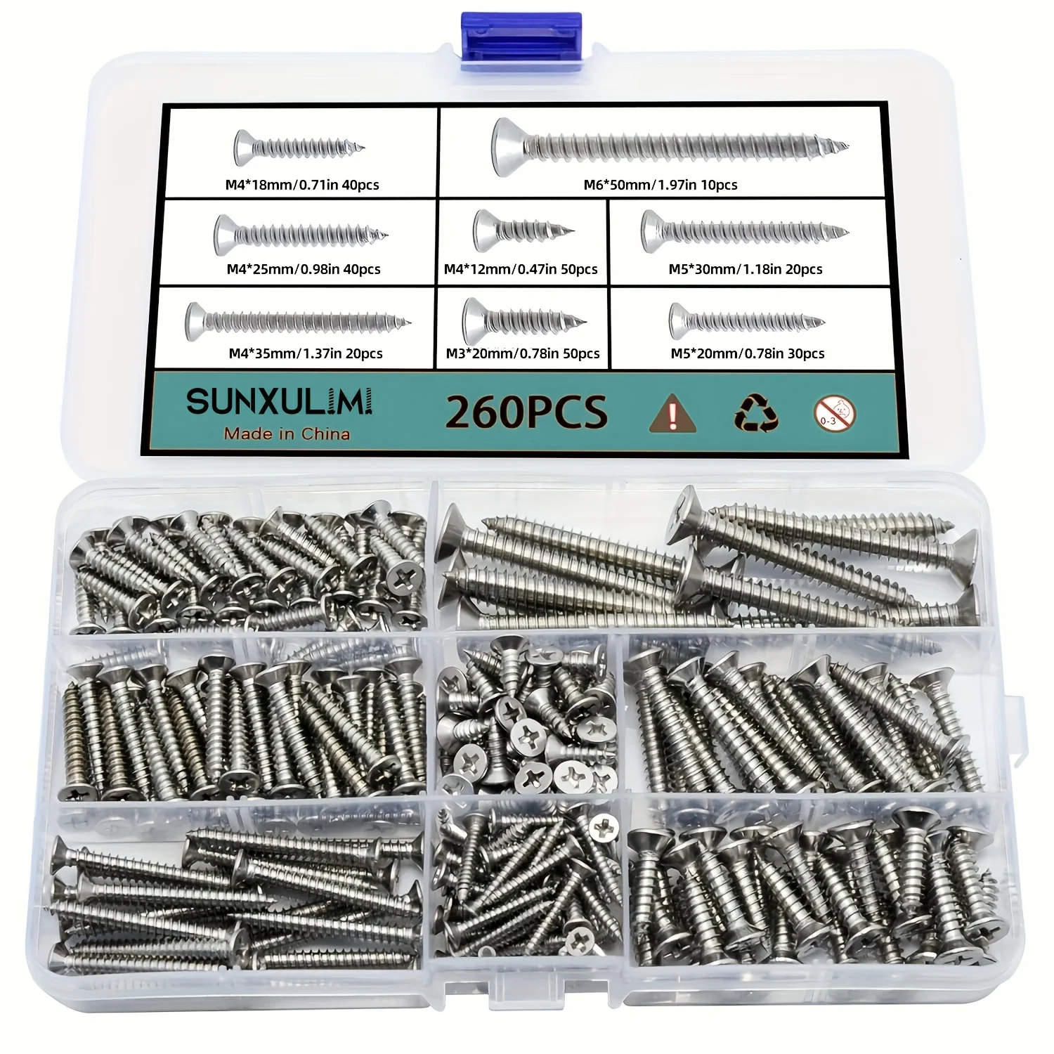 

260pcs M3/M4/M5/M6 Flat Head Self Tapping Wood Screw Assortment Fastener Kit, Phillips Drive Countersunk Self Tapping Screw