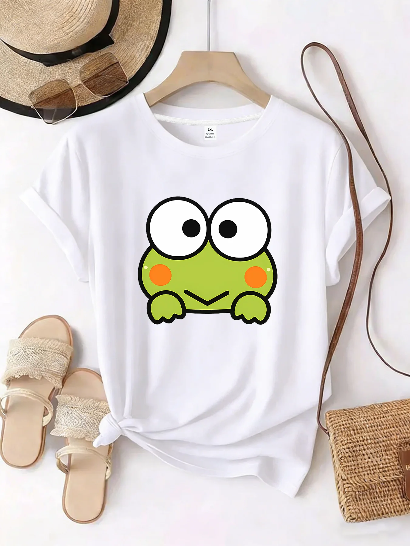 

【WZM10655】Женская футболка больших размеров с круглым вырезом и принтом милого лягушачьего узора, летняя повседневная футболка с короткими рукавами, универсальная, в уличном стиле
