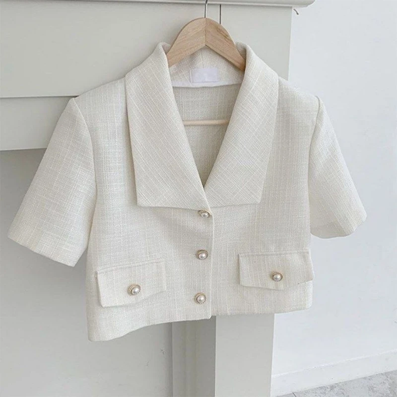 Spring Autumn Polo-neck Elegant Buttons Coat Female Short Sleeve Simple Buttons Blazers Women\'s Casual Fashion All-match Jacket