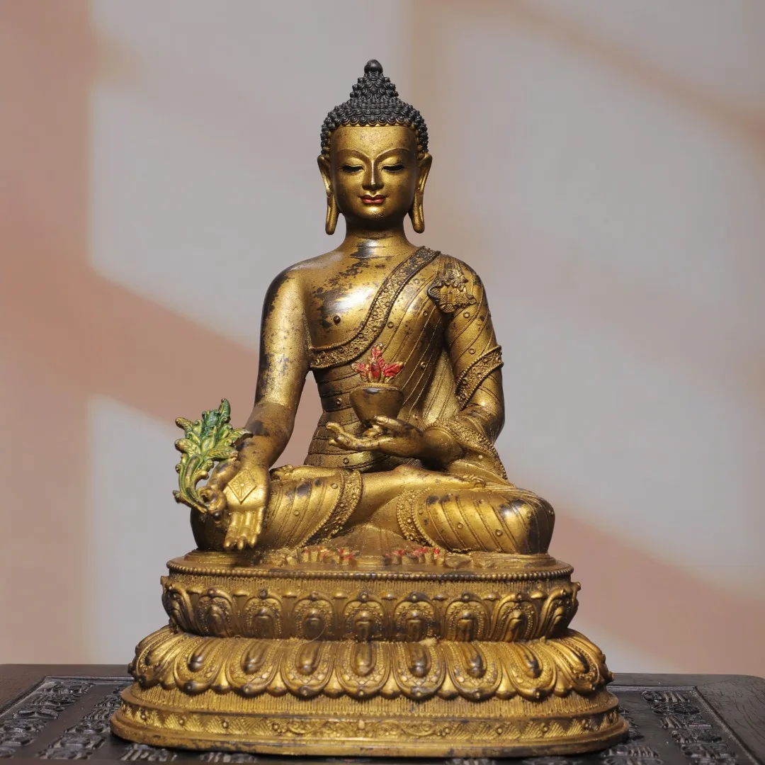Old Bronze Gilded Cinnabar Mud gold Pharmacist Buddha Medicine Sitting Buddha Buddha Terrace Amitabha Town house
