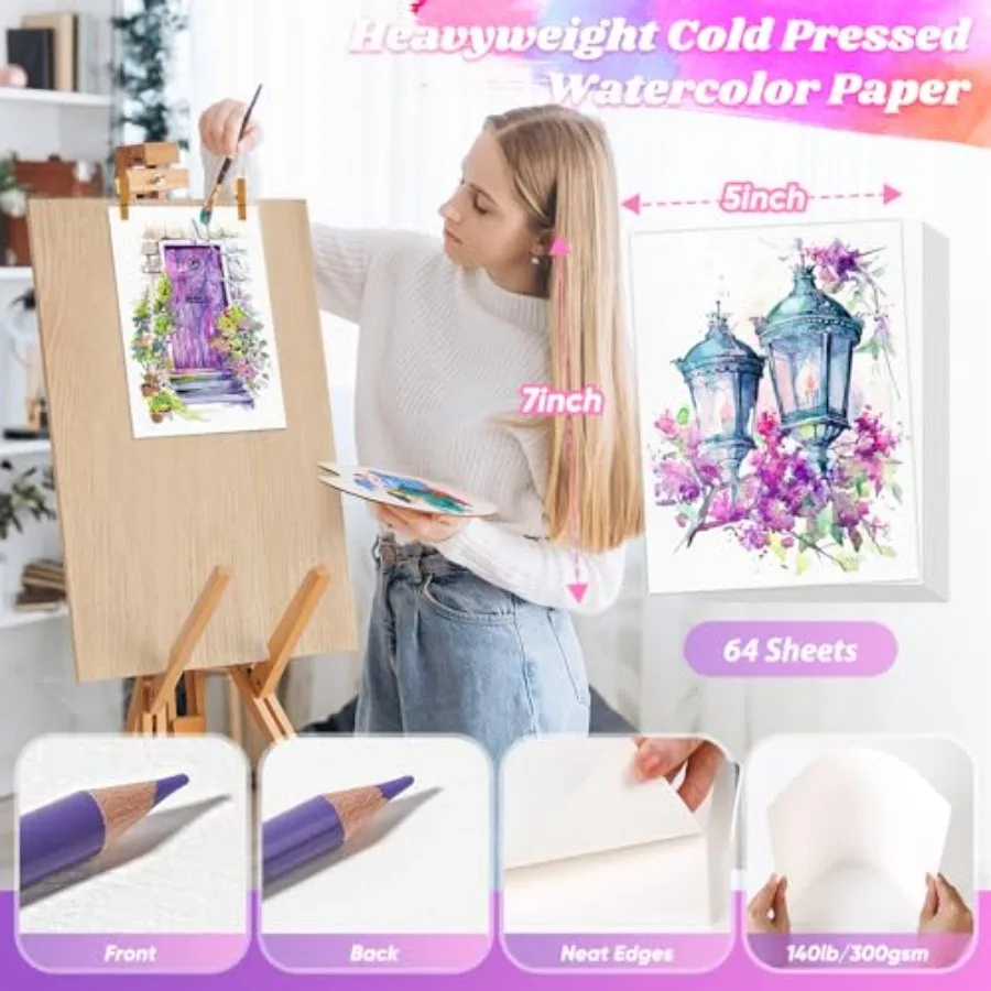 64 Sheets Watercolor Paper, Water Color Paper, 140lb/300gsm Artist Sketch Easel Acrylic Painting Bulk, Art Supplies for Child A view 2