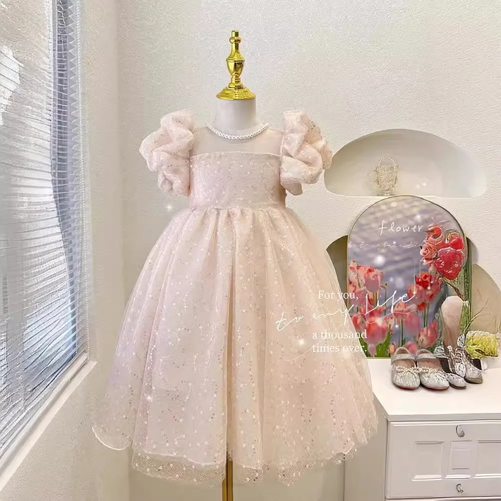 2024 New Summer Girls Sequins Fuffly Mesh Princess Ball Gown Children Cute Puff Sleeve Birthday Party Dress y1225