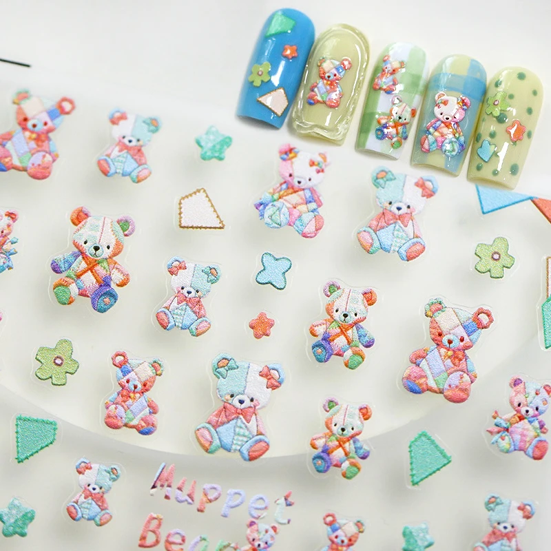 Cute Colorful Muppet Bear Cartoon Flower Sweet Girl Chic 5D Embossed Relief Self Adhesive Nail Art Sticker Lovely Manicure Decal