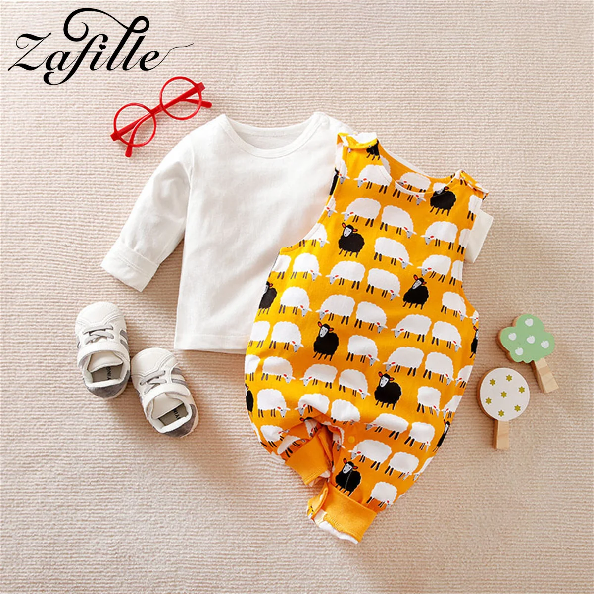 

ZAFILLE 2022 Baby Boys Clothes Set Solid Top+Animals Overalls Spring Autumn Kids Toddler Costume Cute Children Outwear Outfits