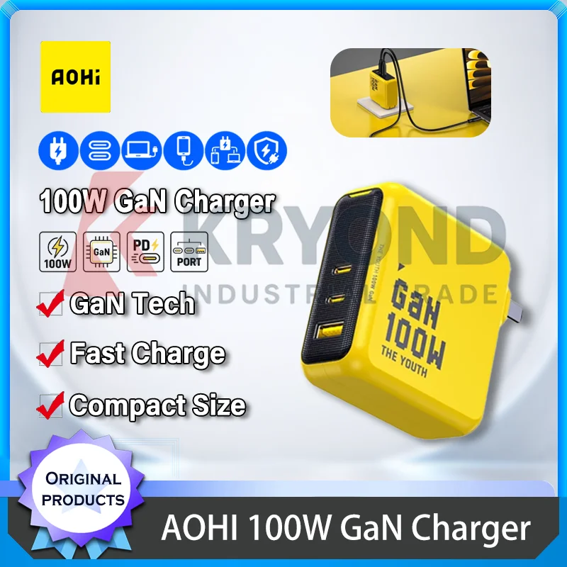 AOHI YOUTH 100W GaN Wall Charger USB C Power Adapter PD PPS UFCS Fast Charging 2C1A Ports for iPhone MacBook Laptop Mobile Phone