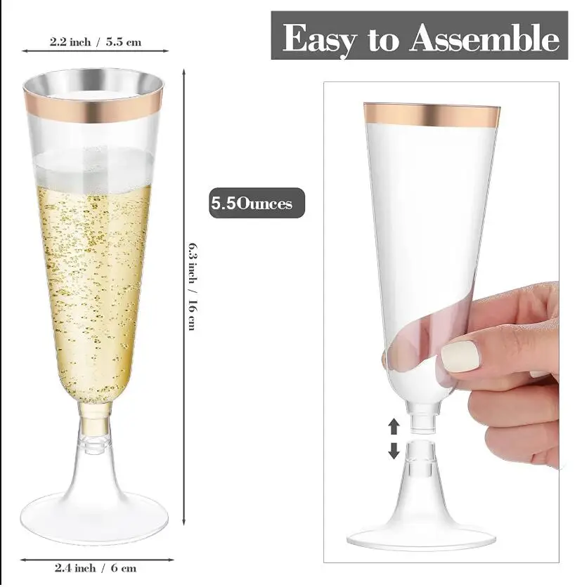 Flautas de champán con borde de oro rosa de plástico 50/25, 5,5 oz. Vaso transparente y duro desechable para fiesta y boda, vaso de lujo resistente