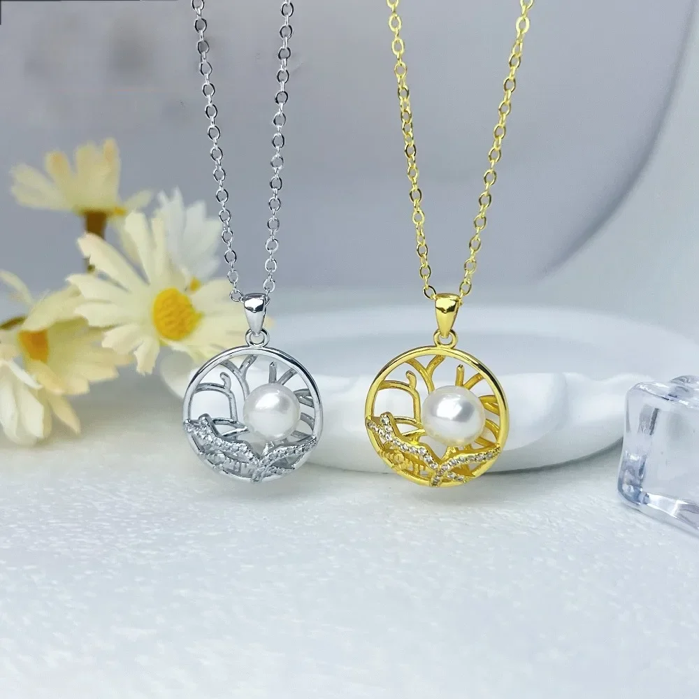 HENGSHENG 7-8mm 100% Natural Freshwater Pearl Round Pendant Necklaces for Women Tree Retro Style Chain Women Necklaces Jewelry