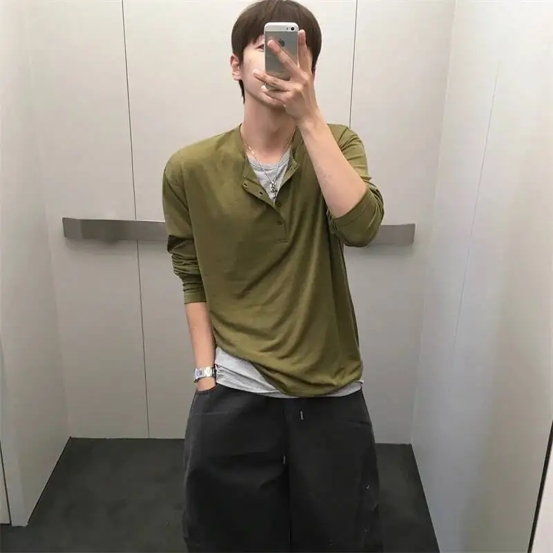 Men Vintage Fake Two-Piece Long Sleeve T-shirts Loose Autumn Basic Tops Olive Navy Casual Layer Pullover Tee S3E4E