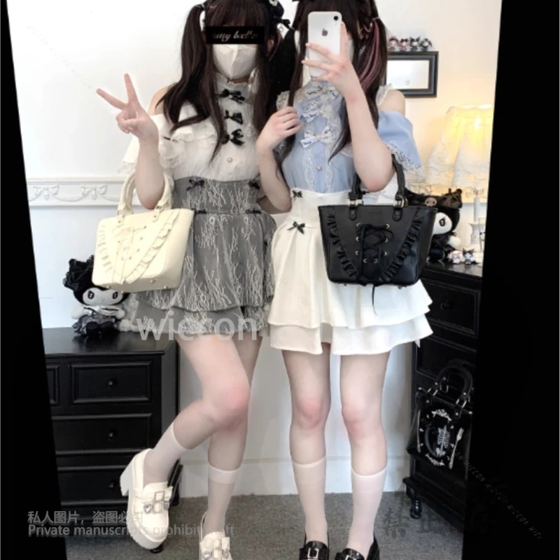 منجم النمط الياباني 3-ألوان الدانتيل لوليتا فستان موضة خارج على الكتف قصيرة الأكمام القوس قميص ملابس النساء Y2K Jirai Kei الطرف