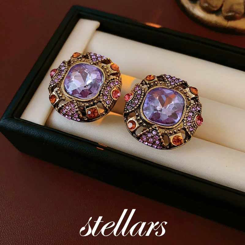 

Vintage Purple Crystal Stud Earrings Multicolor Rhinestone Inlaid Statement Jewelry for Women - Retro Black & Golden Tone