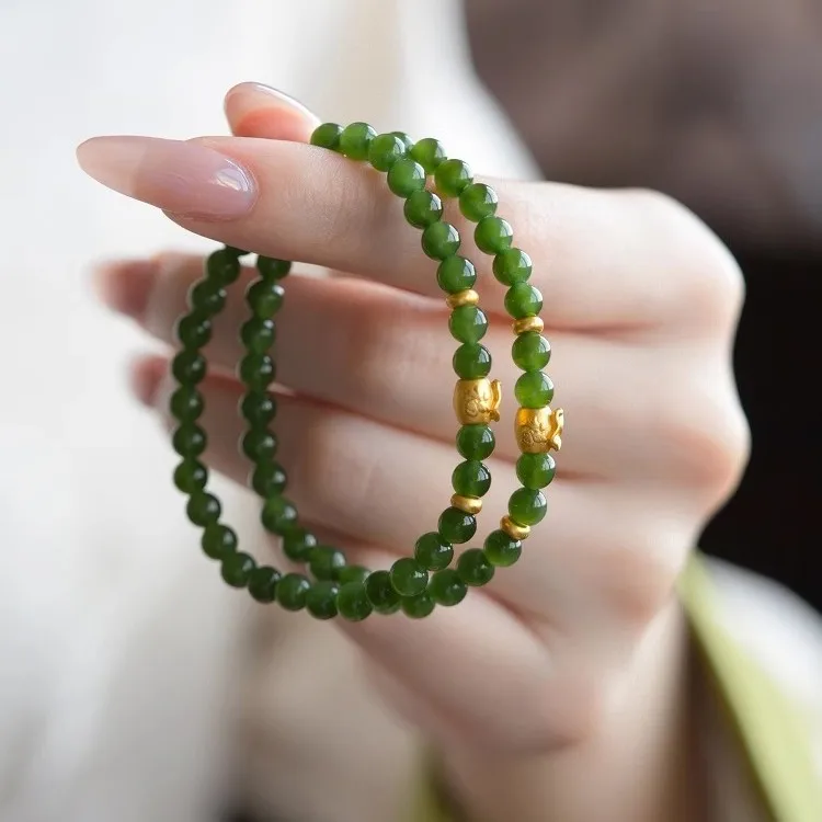 Chinese Style 5mm Real Hetian Jade Beaded Handstring Bracelet Lucky Wealth Charm Auspicious Blessing Fine Jewelry Gift For Women