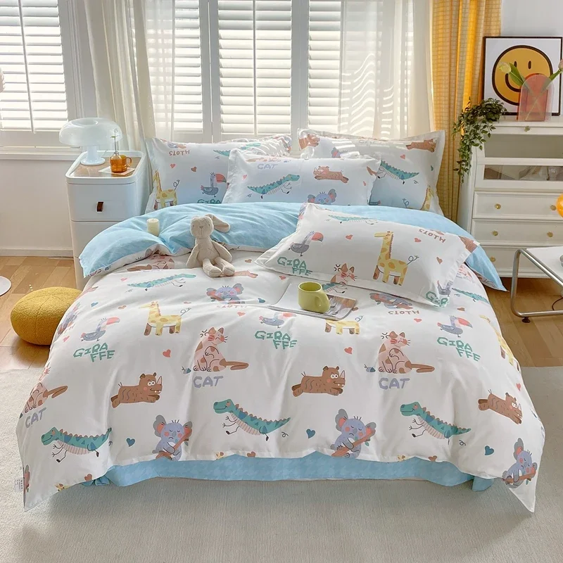 Cute Animals Bedding Set Cartoon Cat Giraffe Koala Print Duvet Covers for Boys Girls Teens Hippo Crocodile Comforter Cover Decor