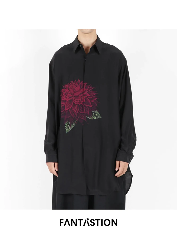 

FANTASTION Original Design Red Dahlia shirt Unisex Loose and oversized Long sleeves casual shirts daily