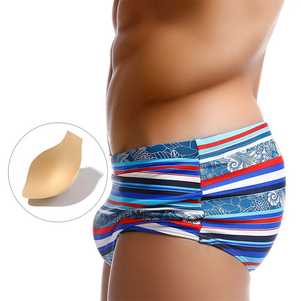 

Men's sexy red and blue striped boxer swimming trunks with cup size three-dimensional swimsuit beach fashion swimming shorts men