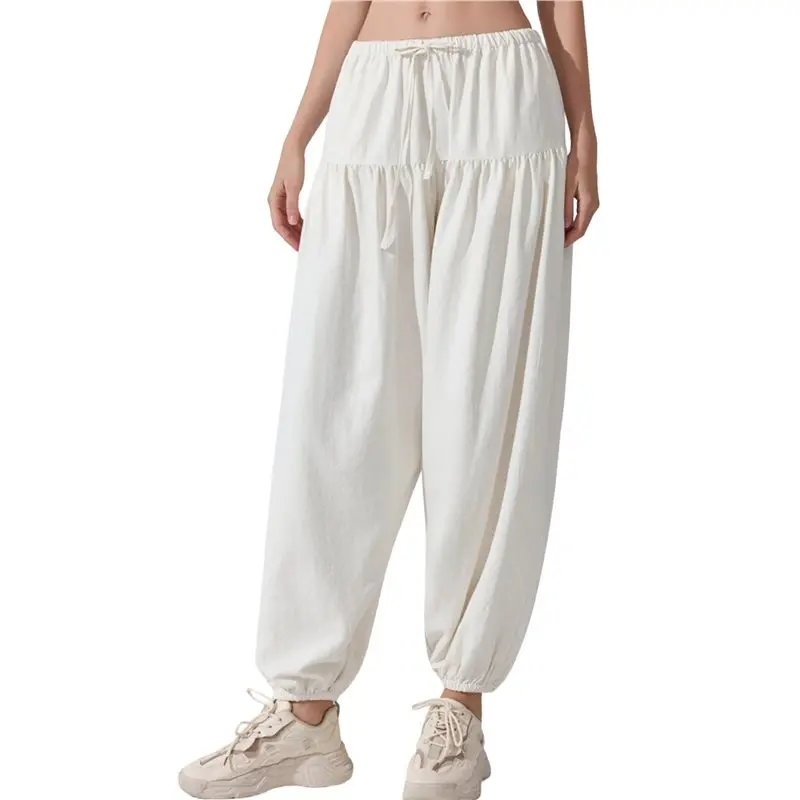 Women's High Waist Drawstring Yoga Pants Loose Fit Athletic Trousers Beach Palazzo Harem Pants White S