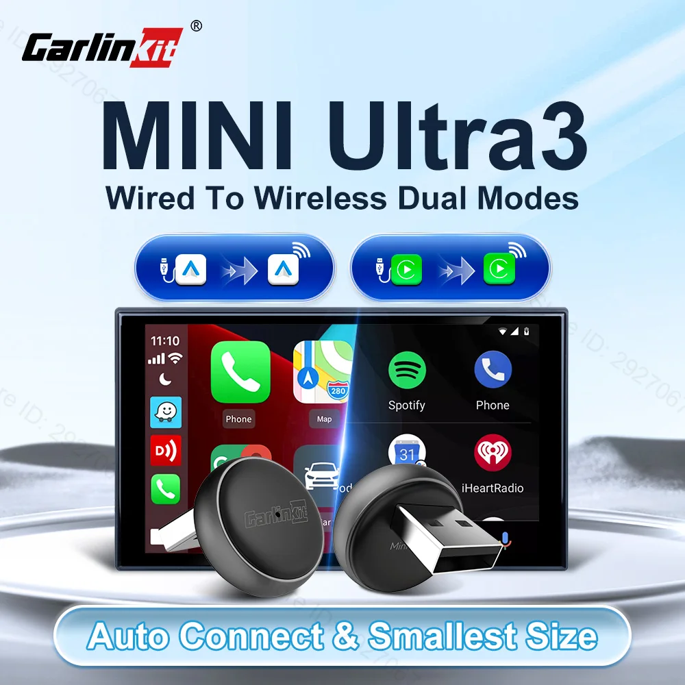 Adaptador CarlinKit Mini Ultra 3 Wireless CarPlay & Android Auto, Dongle USB de Conexão com Fio para Sem Fio, Plug and Play, Conexão Rápida