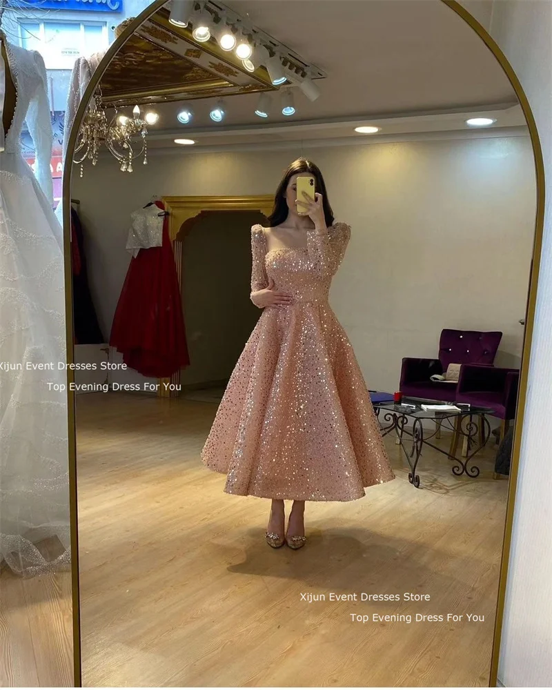 Xijun-vestido de novia con purpurina y lentejuelas, manga larga corta, vestidos de graduación, vestido de fiesta de boda árabe saudita de lujo, 2024