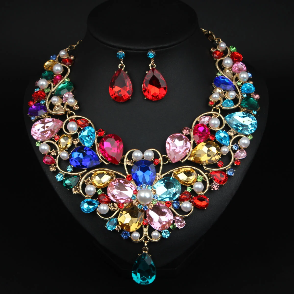 

Fashion diamond-studded flower-shaped drop necklace and earrings set for women's formal dress, banquet accessories