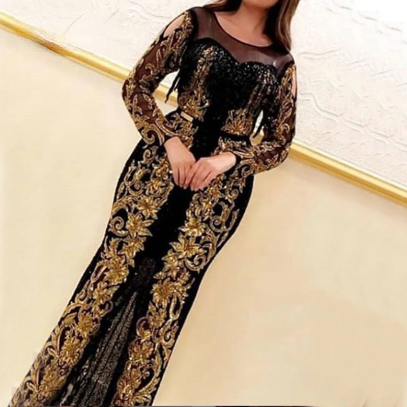 Elegant Women Gilded Bodycon Maxi Dresses Gold Bronzing Black O-neck Wrap Chest High Waist Long Sleeve Sequined Expandable Dress