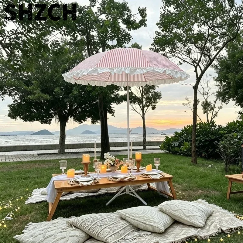 Orange Pink Striped Lace Beach Umbrella, Outdoor 2-Fold Sunshade Patio Garden Parasol, Retro Frill Edge Yard Decor
