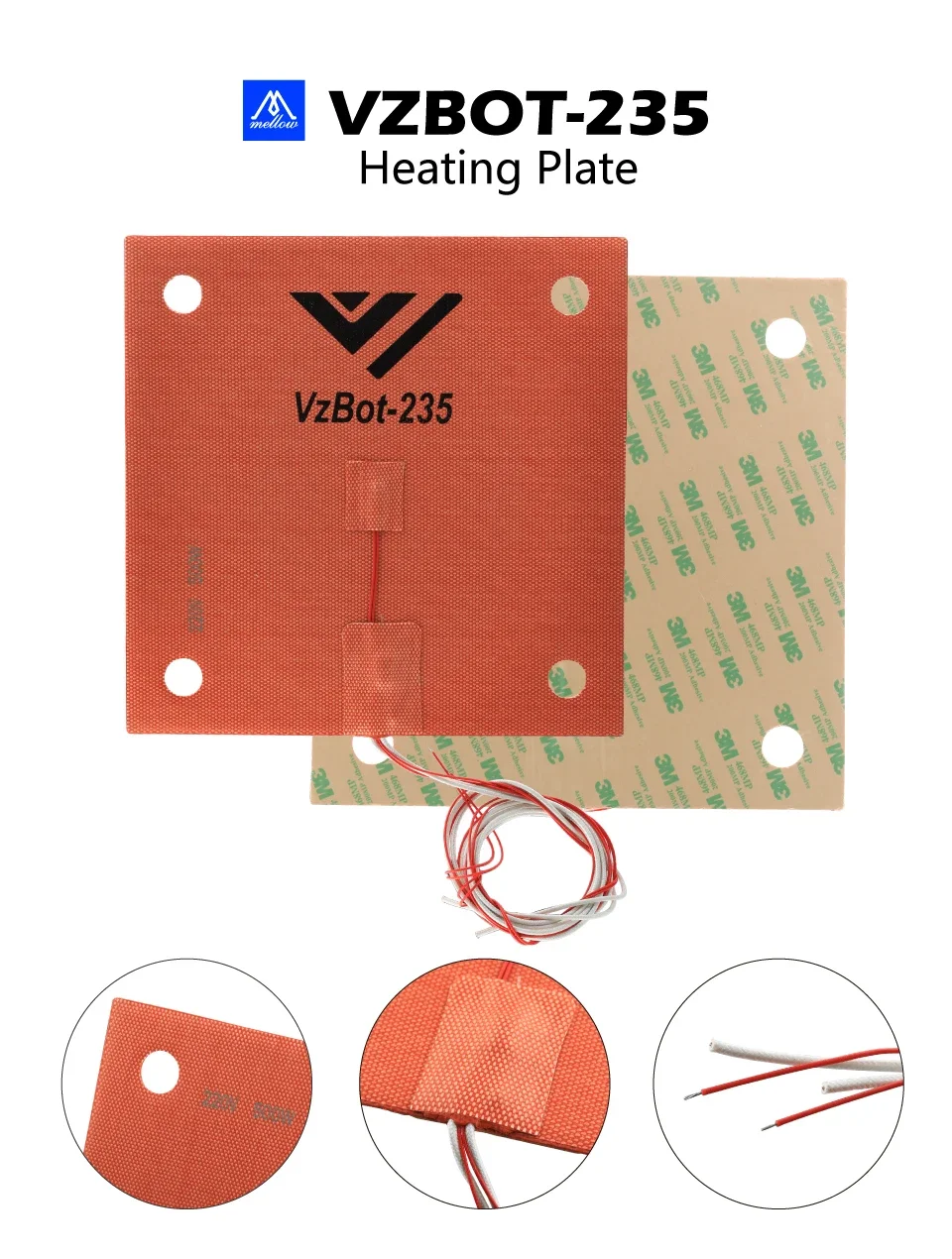 Mellow Top VZ235 Flexible 220 x 220 mm Silikon-Heizung 150 °C Safeguard 110 V 220 V beheizte Bettbauplatte für VzBoT 235 3D-Drucker – Detail 1